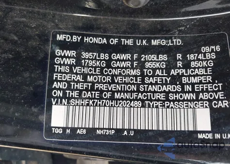 2017 Honda Civic Ex-L из США, поврежденный, VIN SHHFK7H70HU202489